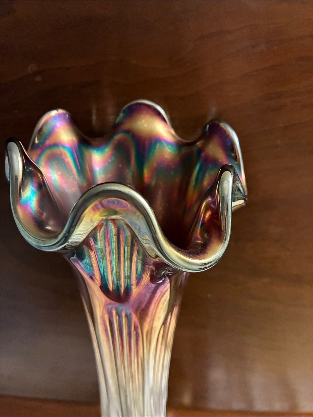 Fenton Iridescent Carnival Glass Vase in Gold, Blue, Purple - Picture 2 of 3